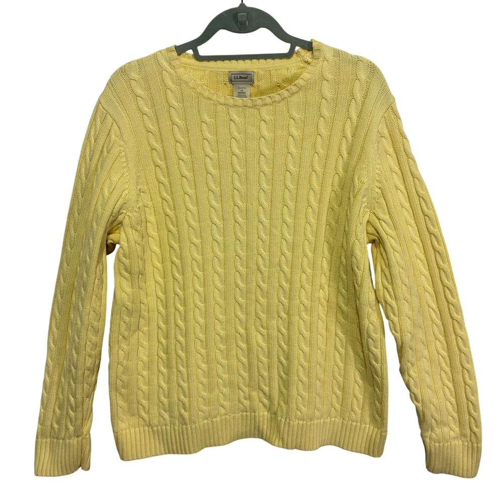 LL Bean Womens 1X Yellow Cable Knit Cotton Crewneck Sweater 0HNR6 Preppy Classic